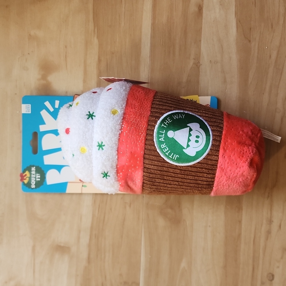BARK Holiday Santa's Workchomp Jumbo Jingle Latte Dog Plush Toy